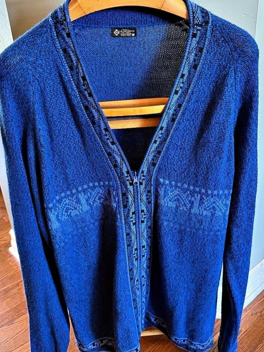 La Vicunita Cusco Peru 100% Alpaca Full Zip Geometric Knit Cardigan Sweater